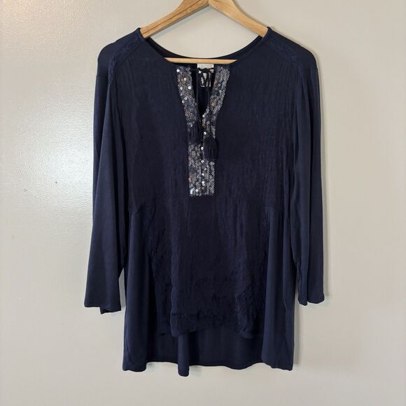 Chico’s Navy Blue Babydoll Top Sequins Tassel Blouse Sz 2 Large - Picture 1 of 8